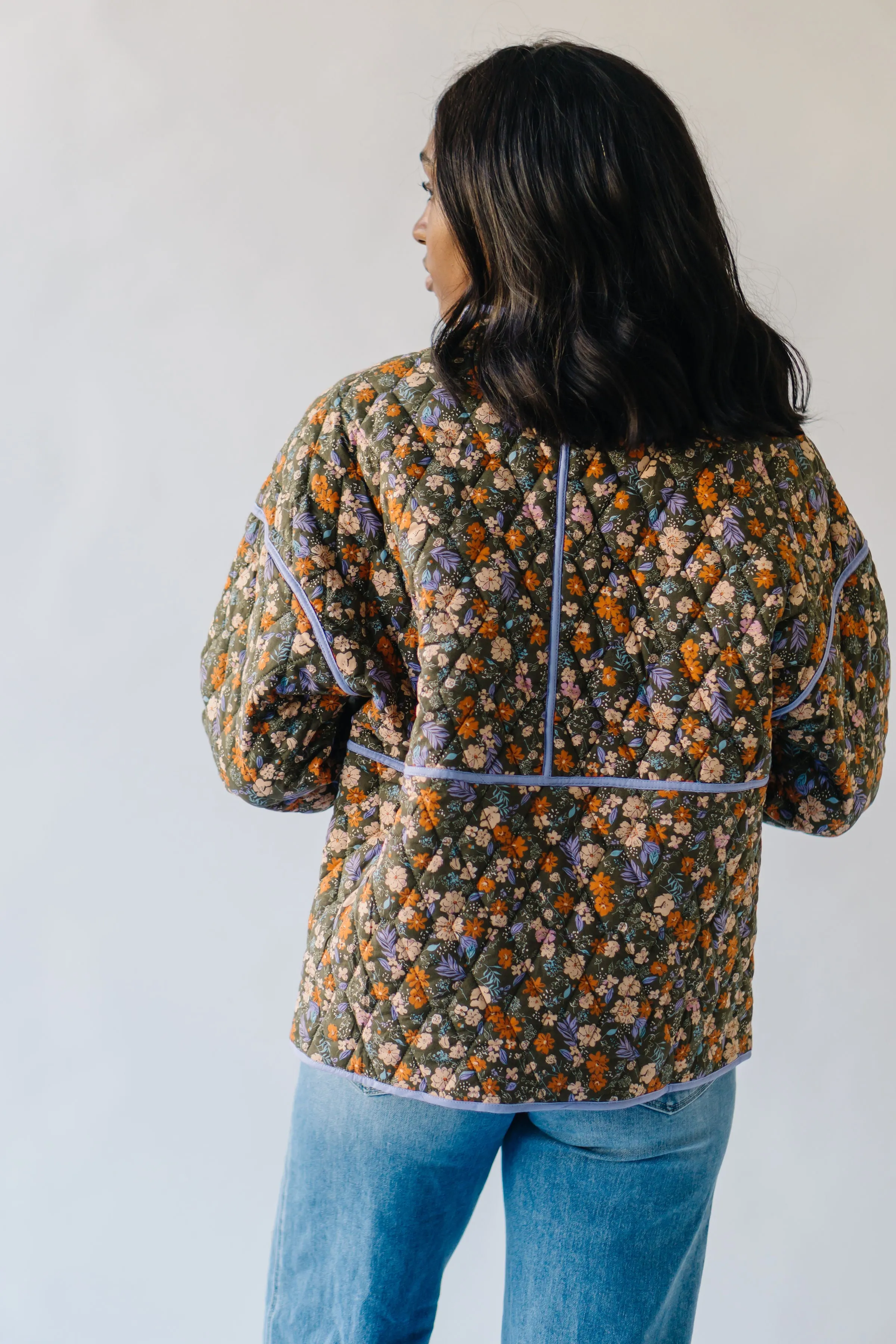 The Woodbury Floral Quilted Puffer Jacket in Olive   Taupe
