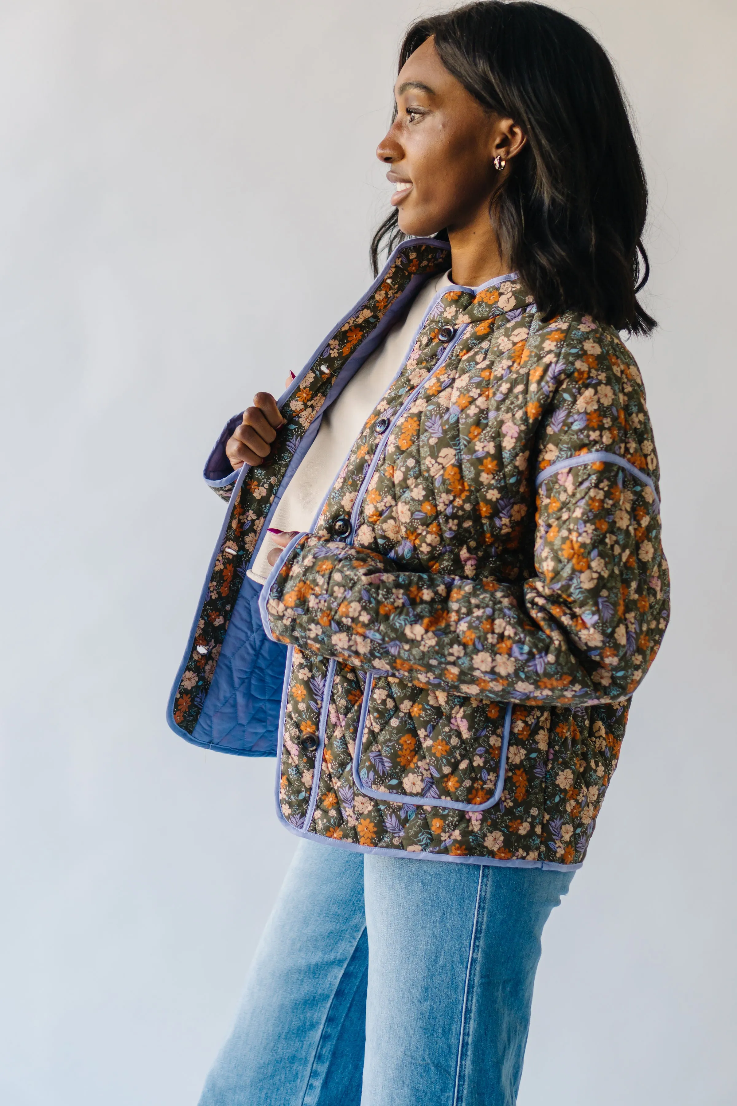 The Woodbury Floral Quilted Puffer Jacket in Olive   Taupe