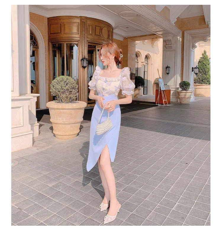 VenusFox Summer Light Elegant Strap Dresses Women Vintage Sexy Split Party Midi Dress Bodycon Designer French Retro Korean Clothing