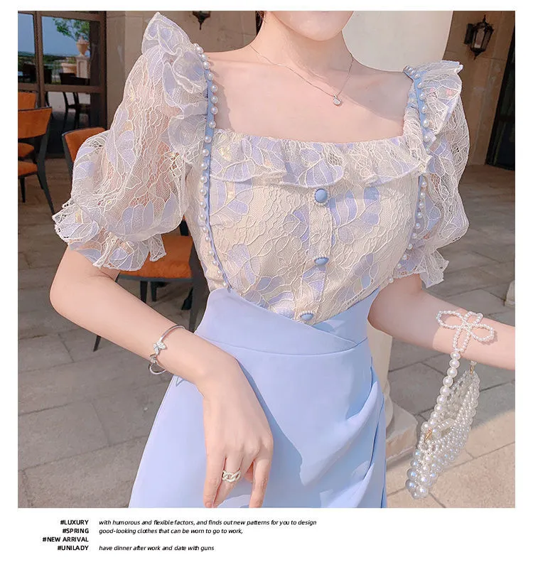 VenusFox Summer Light Elegant Strap Dresses Women Vintage Sexy Split Party Midi Dress Bodycon Designer French Retro Korean Clothing