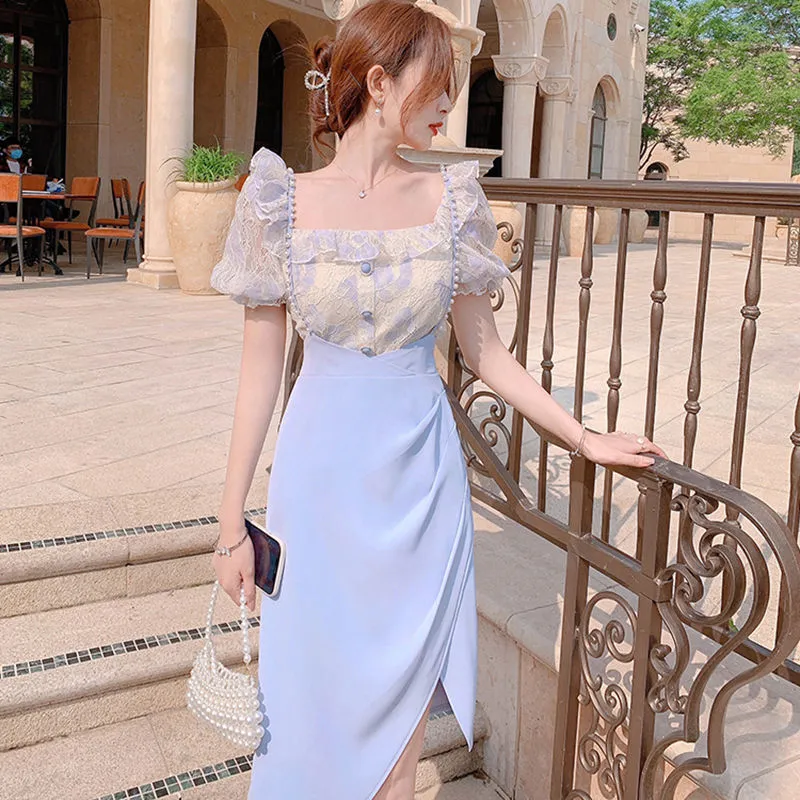 VenusFox Summer Light Elegant Strap Dresses Women Vintage Sexy Split Party Midi Dress Bodycon Designer French Retro Korean Clothing