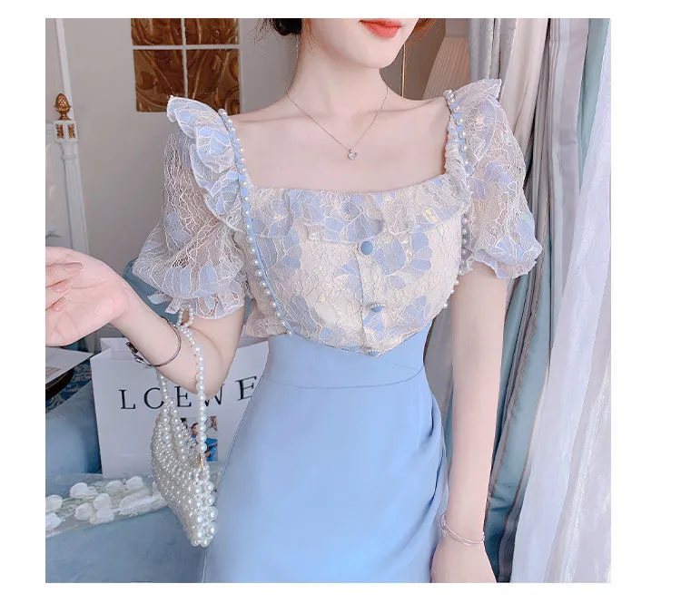 VenusFox Summer Light Elegant Strap Dresses Women Vintage Sexy Split Party Midi Dress Bodycon Designer French Retro Korean Clothing