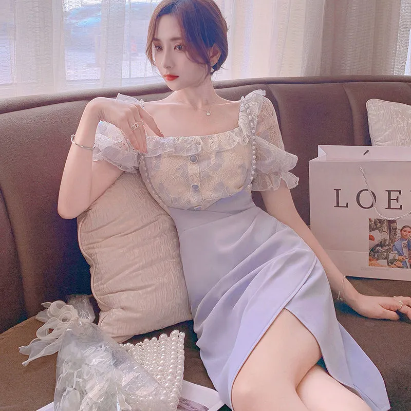 VenusFox Summer Light Elegant Strap Dresses Women Vintage Sexy Split Party Midi Dress Bodycon Designer French Retro Korean Clothing