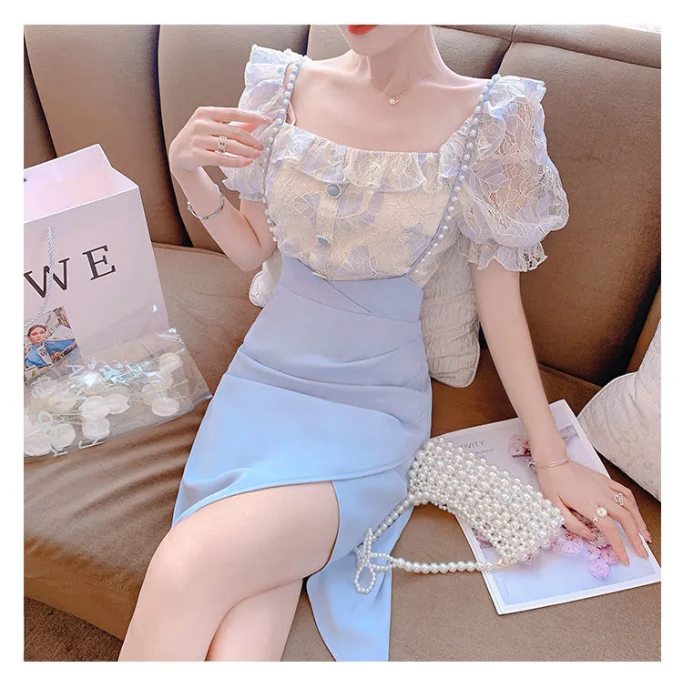 VenusFox Summer Light Elegant Strap Dresses Women Vintage Sexy Split Party Midi Dress Bodycon Designer French Retro Korean Clothing