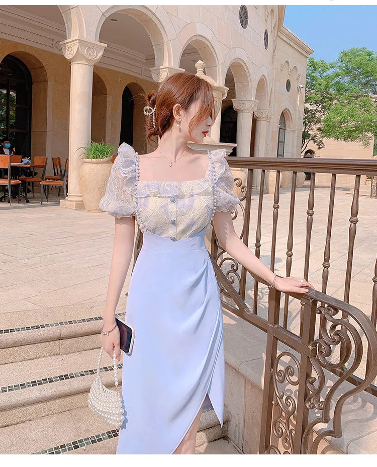 VenusFox Summer Light Elegant Strap Dresses Women Vintage Sexy Split Party Midi Dress Bodycon Designer French Retro Korean Clothing