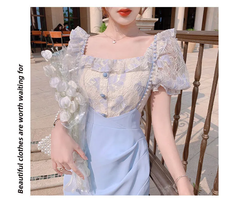 VenusFox Summer Light Elegant Strap Dresses Women Vintage Sexy Split Party Midi Dress Bodycon Designer French Retro Korean Clothing