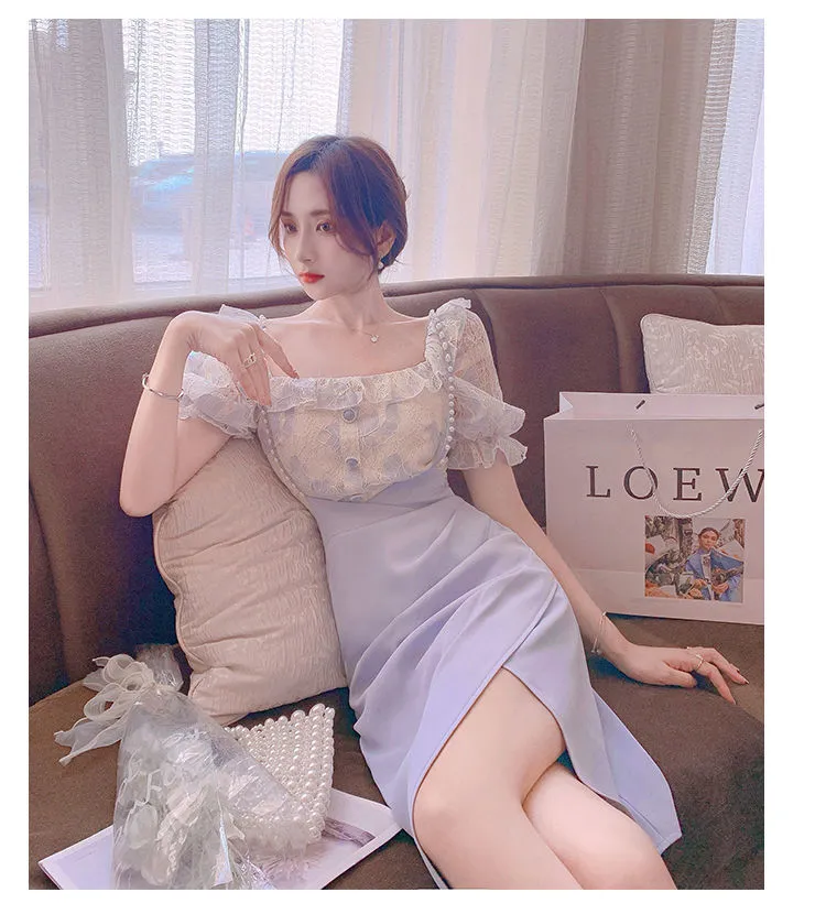 VenusFox Summer Light Elegant Strap Dresses Women Vintage Sexy Split Party Midi Dress Bodycon Designer French Retro Korean Clothing