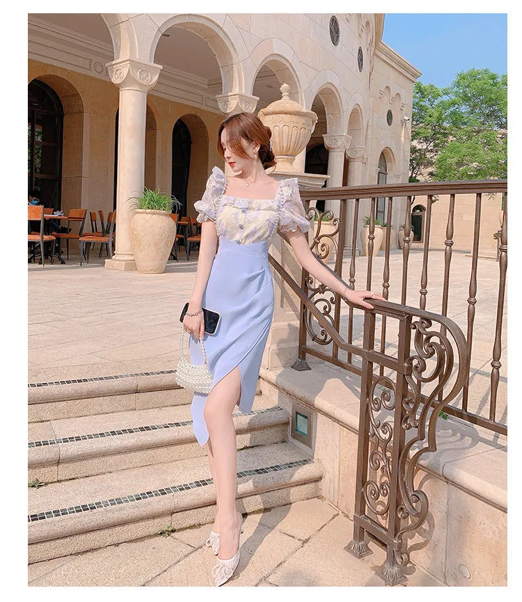 VenusFox Summer Light Elegant Strap Dresses Women Vintage Sexy Split Party Midi Dress Bodycon Designer French Retro Korean Clothing