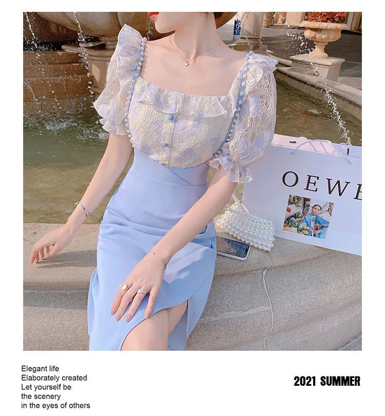 VenusFox Summer Light Elegant Strap Dresses Women Vintage Sexy Split Party Midi Dress Bodycon Designer French Retro Korean Clothing