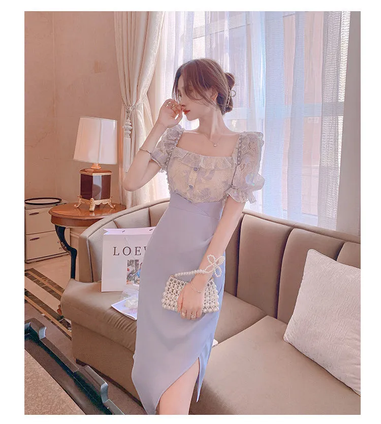 VenusFox Summer Light Elegant Strap Dresses Women Vintage Sexy Split Party Midi Dress Bodycon Designer French Retro Korean Clothing