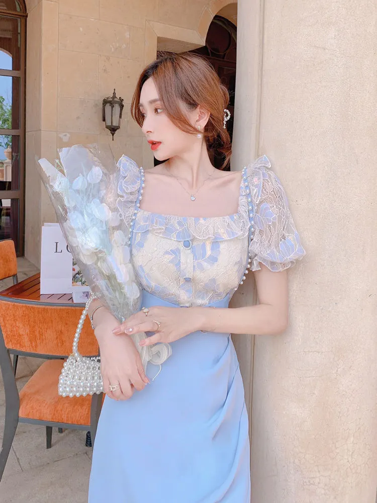 VenusFox Summer Light Elegant Strap Dresses Women Vintage Sexy Split Party Midi Dress Bodycon Designer French Retro Korean Clothing