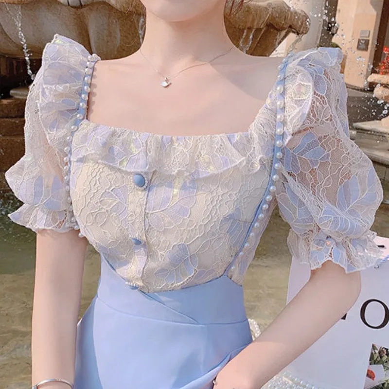 VenusFox Summer Light Elegant Strap Dresses Women Vintage Sexy Split Party Midi Dress Bodycon Designer French Retro Korean Clothing