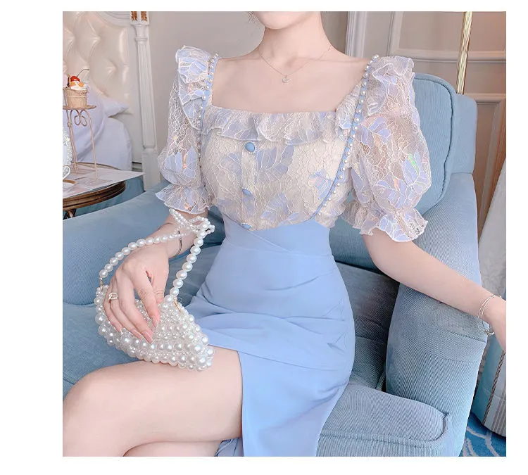 VenusFox Summer Light Elegant Strap Dresses Women Vintage Sexy Split Party Midi Dress Bodycon Designer French Retro Korean Clothing