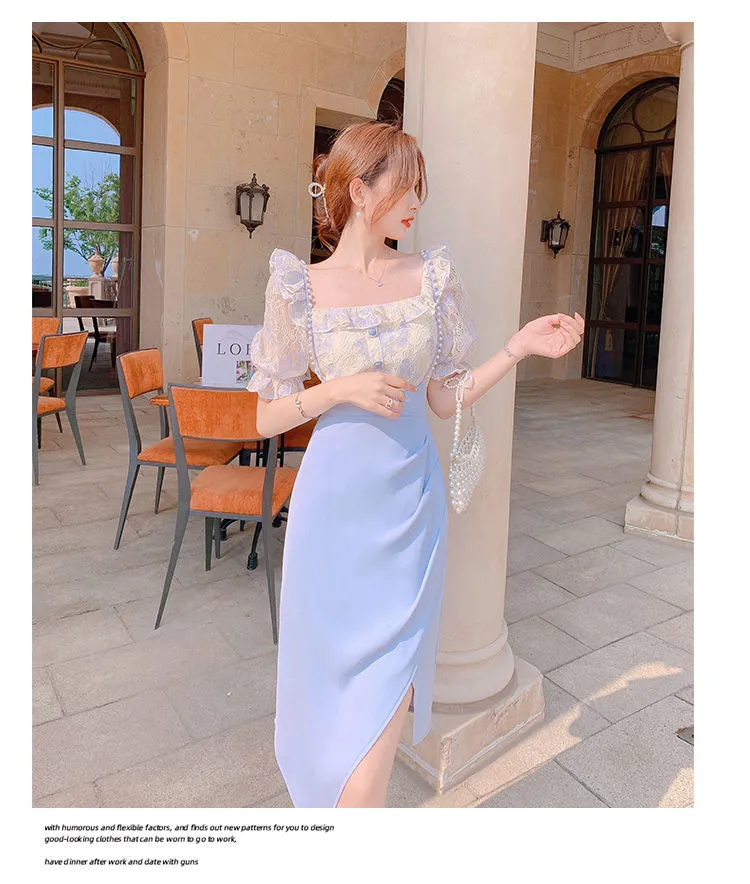 VenusFox Summer Light Elegant Strap Dresses Women Vintage Sexy Split Party Midi Dress Bodycon Designer French Retro Korean Clothing
