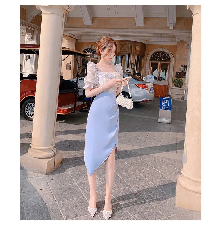 VenusFox Summer Light Elegant Strap Dresses Women Vintage Sexy Split Party Midi Dress Bodycon Designer French Retro Korean Clothing