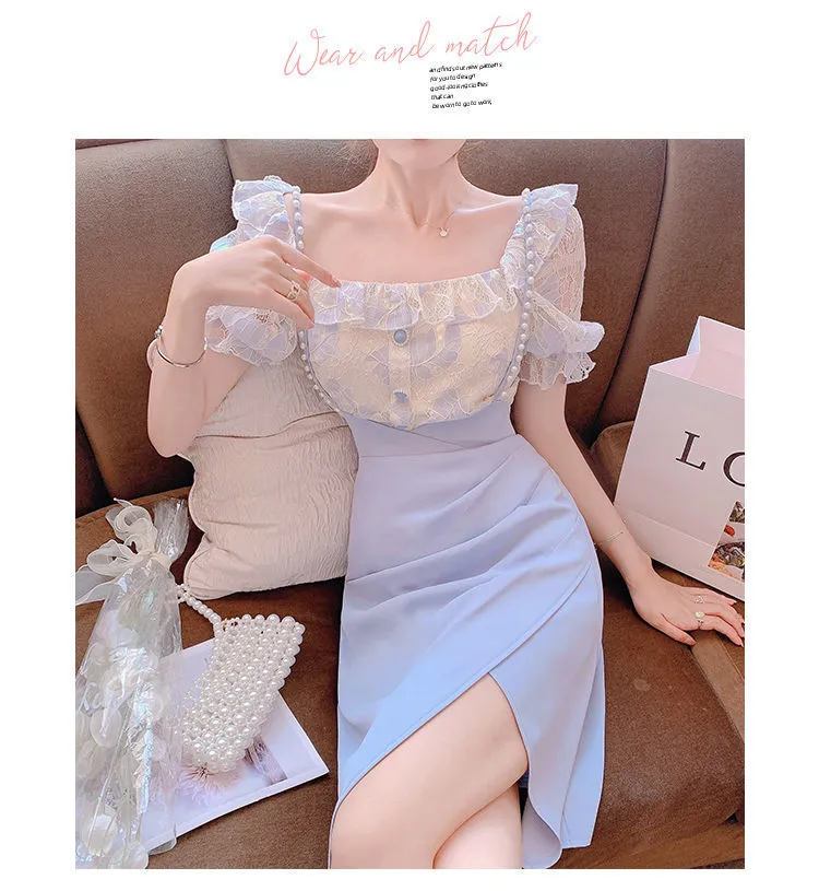VenusFox Summer Light Elegant Strap Dresses Women Vintage Sexy Split Party Midi Dress Bodycon Designer French Retro Korean Clothing