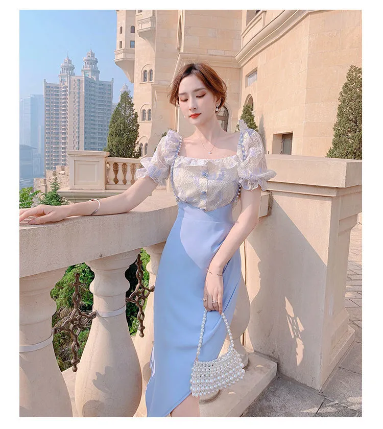VenusFox Summer Light Elegant Strap Dresses Women Vintage Sexy Split Party Midi Dress Bodycon Designer French Retro Korean Clothing