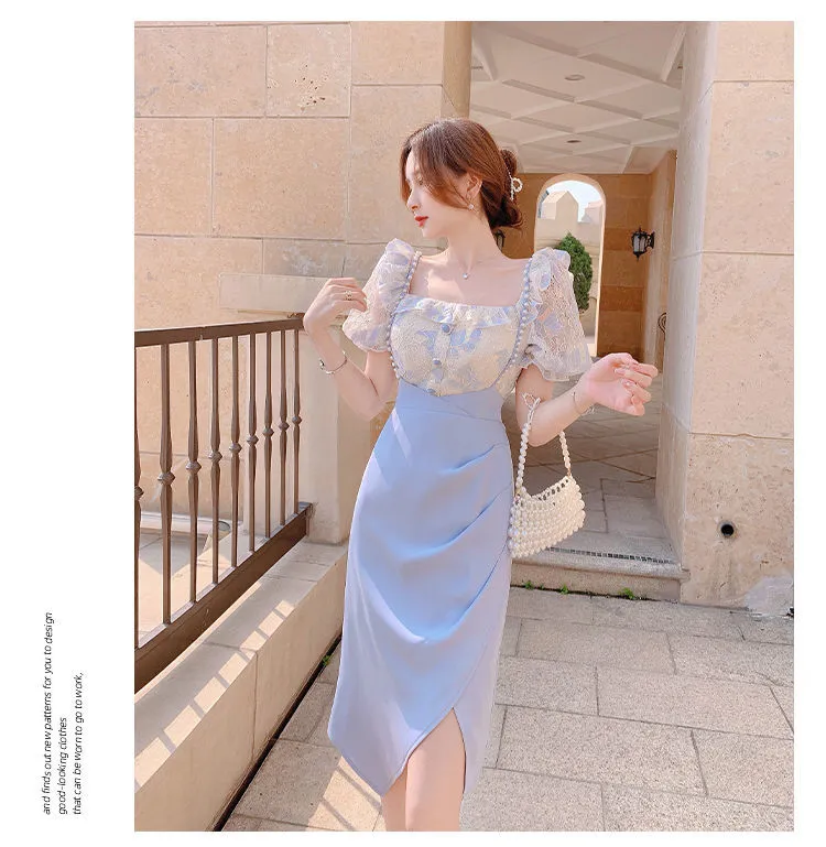 VenusFox Summer Light Elegant Strap Dresses Women Vintage Sexy Split Party Midi Dress Bodycon Designer French Retro Korean Clothing