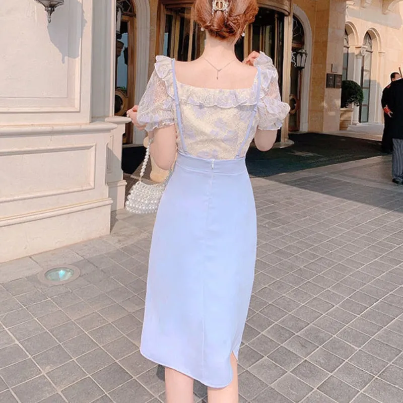 VenusFox Summer Light Elegant Strap Dresses Women Vintage Sexy Split Party Midi Dress Bodycon Designer French Retro Korean Clothing
