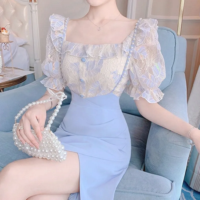 VenusFox Summer Light Elegant Strap Dresses Women Vintage Sexy Split Party Midi Dress Bodycon Designer French Retro Korean Clothing