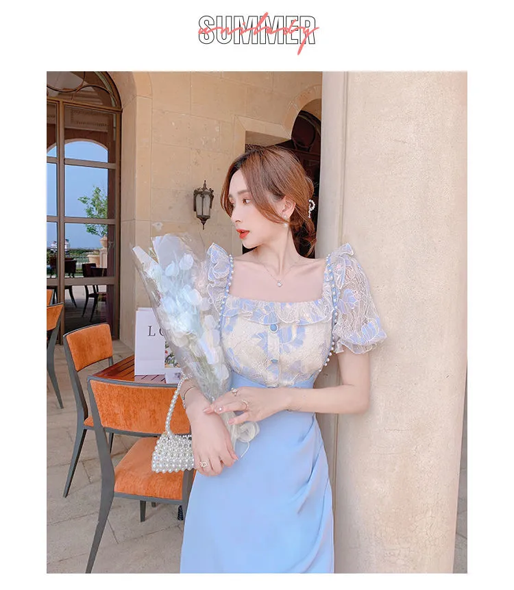 VenusFox Summer Light Elegant Strap Dresses Women Vintage Sexy Split Party Midi Dress Bodycon Designer French Retro Korean Clothing