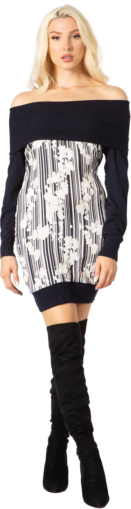 Vertigo VT31987DL Off-shoulder Woven Print and Knit Dress
