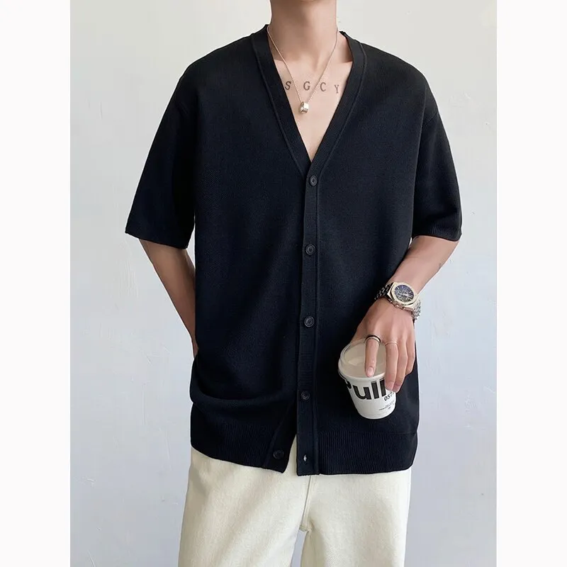 Wiaofellas Summer Knitted Shirt Men Fashion Social Mens Dress Shirt Korean Black Beige Loose Short Sleeve Shirts Mens Oversized Knit Shirt