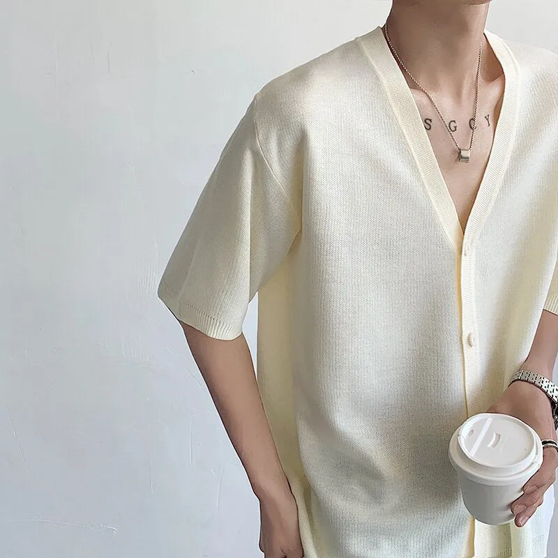 Wiaofellas Summer Knitted Shirt Men Fashion Social Mens Dress Shirt Korean Black Beige Loose Short Sleeve Shirts Mens Oversized Knit Shirt