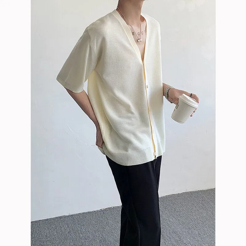 Wiaofellas Summer Knitted Shirt Men Fashion Social Mens Dress Shirt Korean Black Beige Loose Short Sleeve Shirts Mens Oversized Knit Shirt
