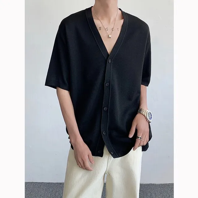 Wiaofellas Summer Knitted Shirt Men Fashion Social Mens Dress Shirt Korean Black Beige Loose Short Sleeve Shirts Mens Oversized Knit Shirt