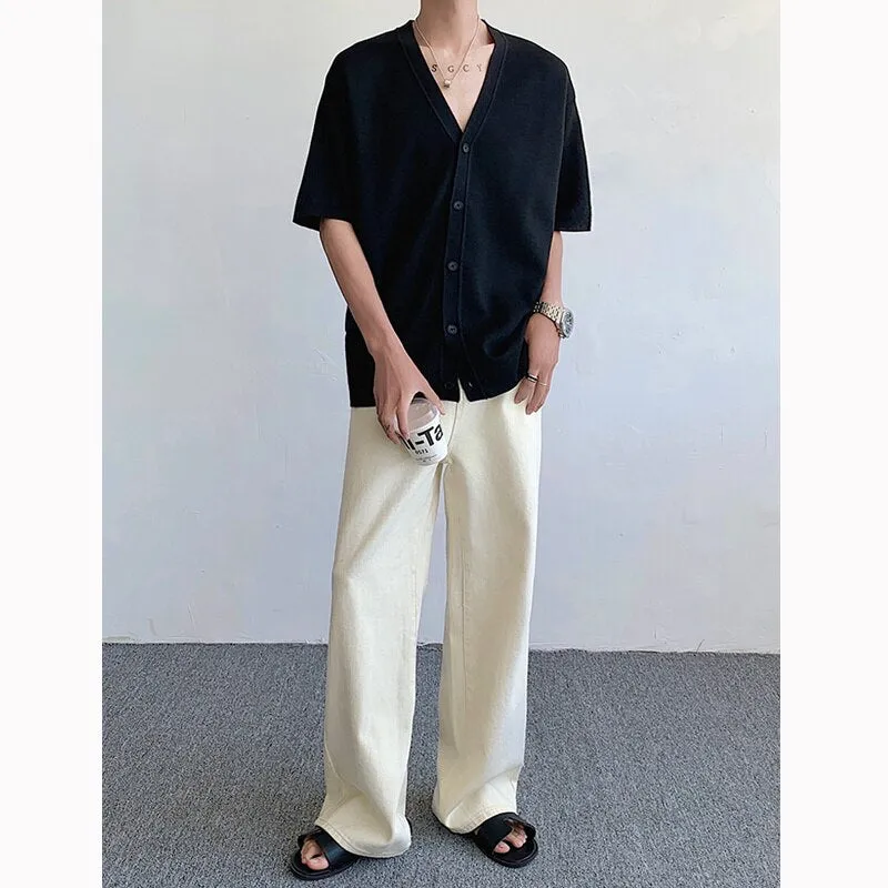 Wiaofellas Summer Knitted Shirt Men Fashion Social Mens Dress Shirt Korean Black Beige Loose Short Sleeve Shirts Mens Oversized Knit Shirt
