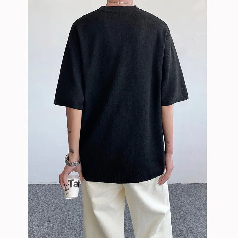 Wiaofellas Summer Knitted Shirt Men Fashion Social Mens Dress Shirt Korean Black Beige Loose Short Sleeve Shirts Mens Oversized Knit Shirt